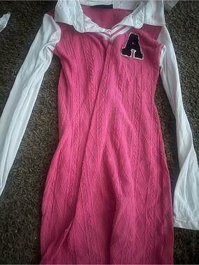 Hot Pink & White Hooded Knit Dress with 'A' Patch